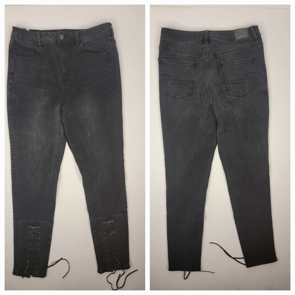 American Eagle Sz 10 Long Jeggings Highest Rise Ankle Lace-up Gray